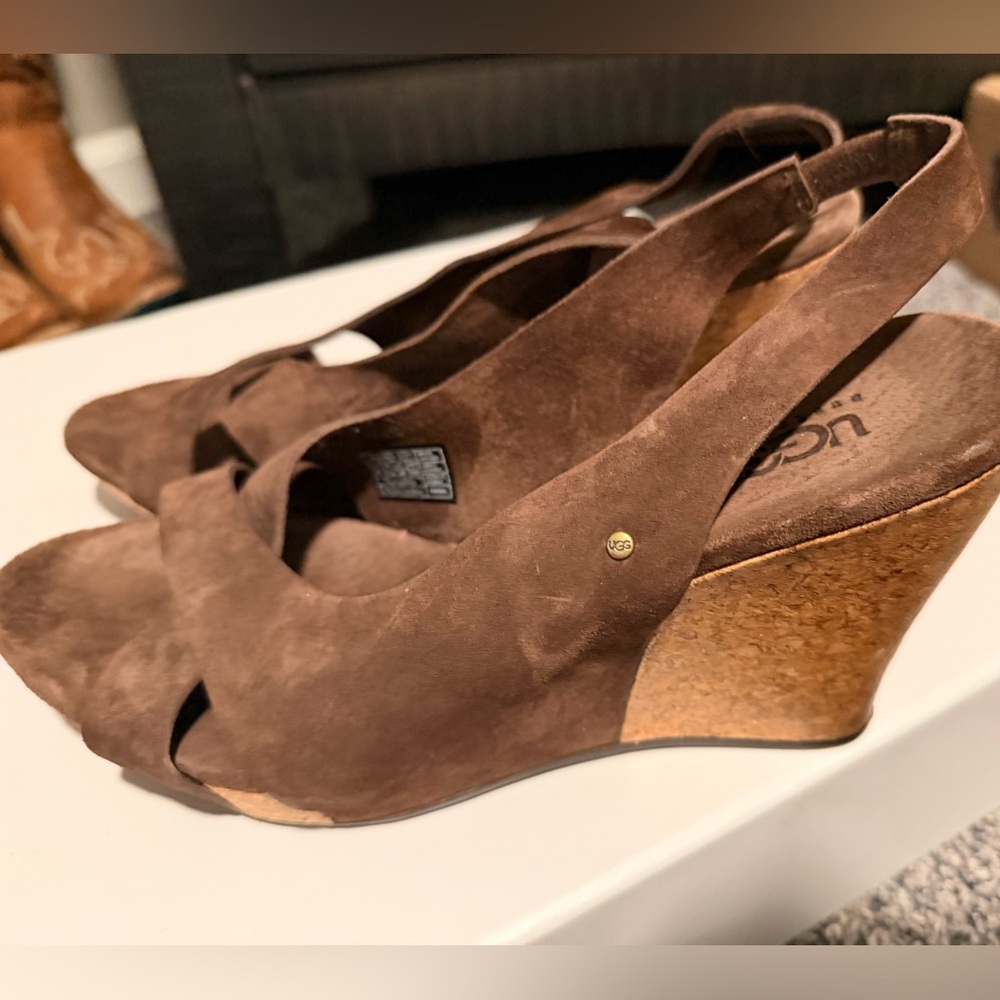 Ugg Chocolate Suede Open Toe Wedges.